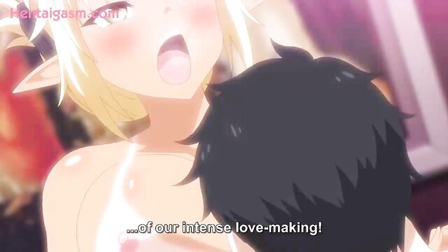Blonde elf girl with tongue out in intense hentai lovemaking embrace