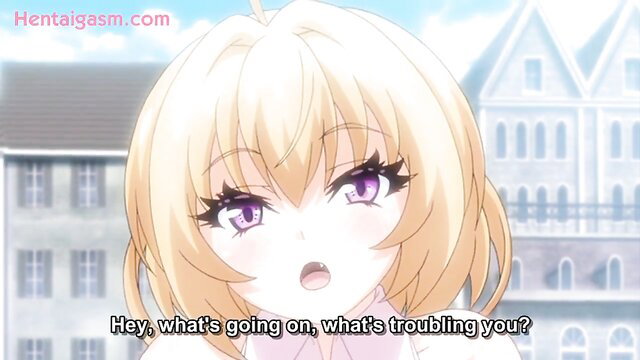 Blonde anime girl with purple eyes asks 'what's troubling you?' from Yuusha-Hime Miria hentai