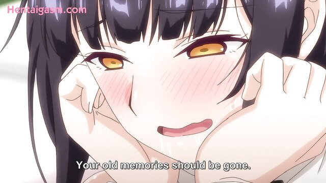 Blushing black-haired hentai girl with golden eyes smiling seductively