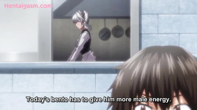 Anime maid with silver hair prepares bento for male energy boost