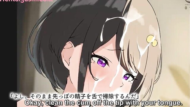 Hentai girl licks cum off dick tip, bukkake face, purple eyes anime