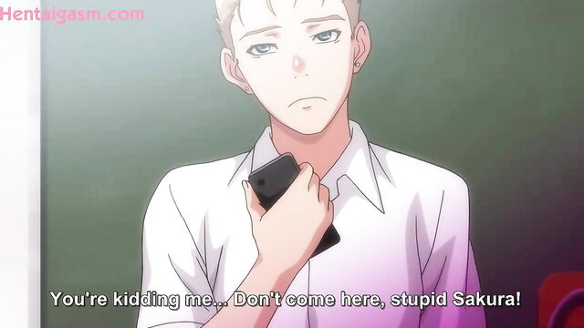 Blonde anime guy in white shirt holds phone, says 'Don't come here, stupid Sakura!' hentai thumbnail