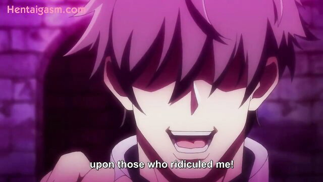 Purple-haired anime girl from Kyonyuu Onna Senshi Dogeza Saimin laughs maniacally in hentai