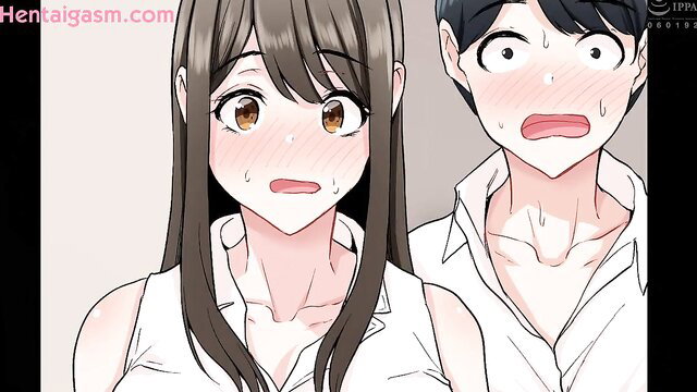 Hentai girl with huge tits teases shocked guy in office shirts