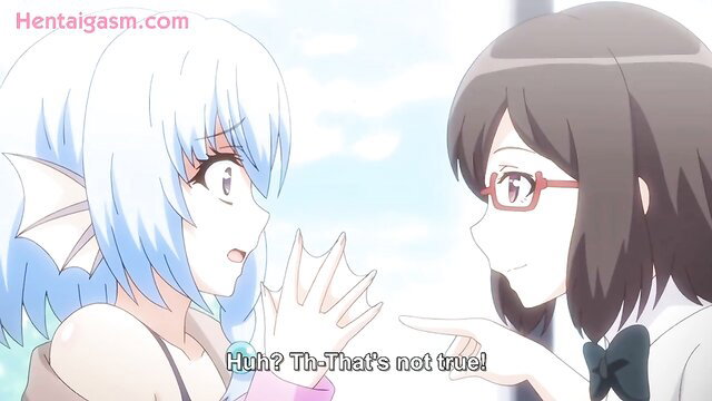 Enjo Kouhai 5 hentai subbed: blue-haired finned girl with white hair girl in school uniforms talking