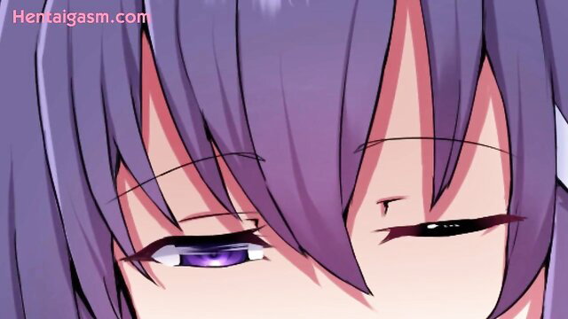 Purple-haired hentai girl with seductive purple eyes close-up