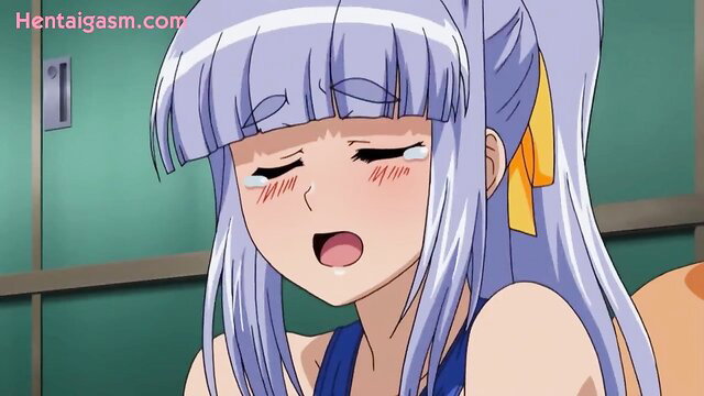 Purple-haired hentai girl ahegao face, teary eyes, open mouth in ecstasy
