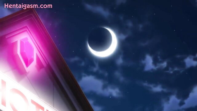 Hentai witch hotel neon sign under crescent moon night sky