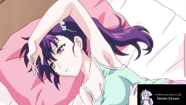 Purple-haired hentai girl in tank top stretches arm on bed, uncensored big cock hentai