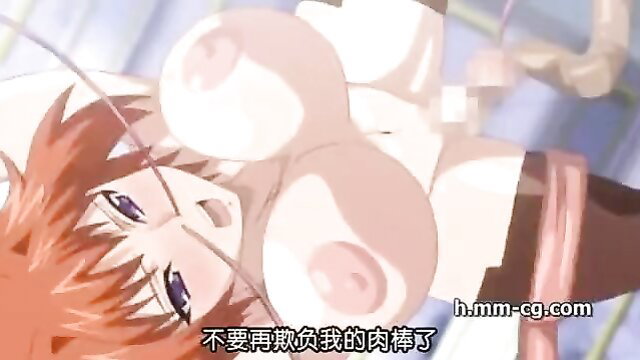 Redhead anime girl bound with huge tits exposed in fetish scene