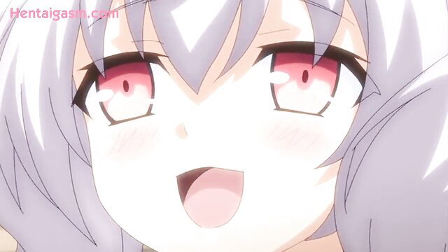 Cute silver-haired hentai girl with red eyes smiling ahegao in Night Tail 1