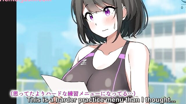 Busty anime swimmer in tight swimsuit sweating from hard practice