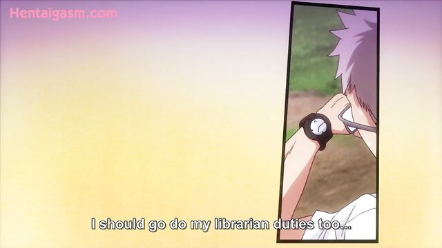 Mesudachi The Animation 2 hentai male librarian with spiky blue hair adjusting watch