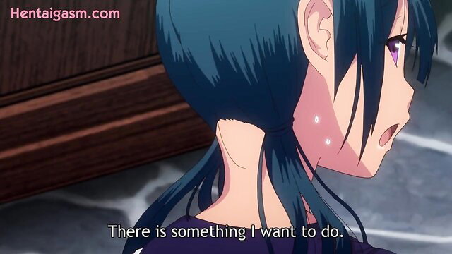 Anime hentai girl with long teal hair, flushed face, looking back seductively