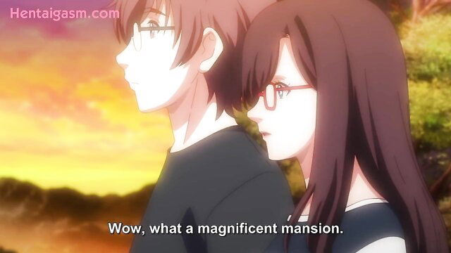 Hentai couple admires sunset mansion, glasses girl in school uniform