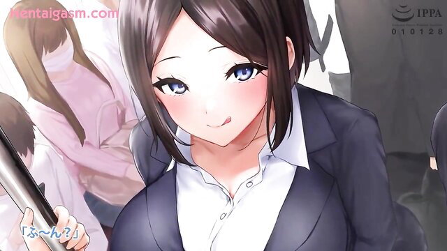 Hentai office ladies in suits with masked girl, teasing smiles