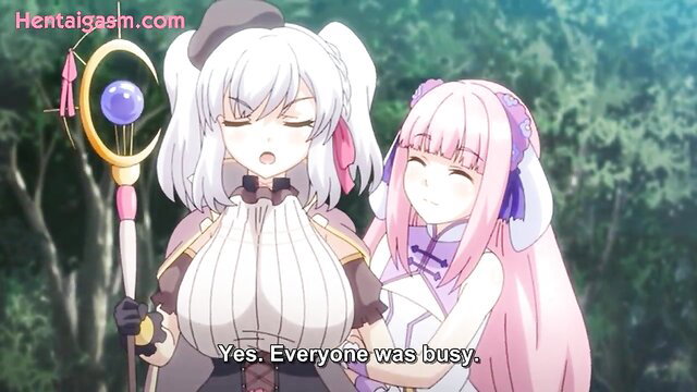 White-haired witch with huge tits and pink-haired girl in hentai Renseijutsushi Colette