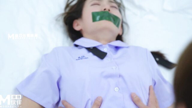 Chinese AV babe Xia Yuhe gagged with green tape, bound in school uniform