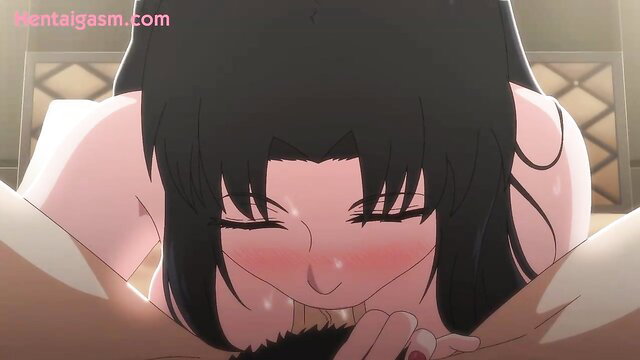 Uncensored hentai black-haired beauty with flushed face in closeup oral scene
