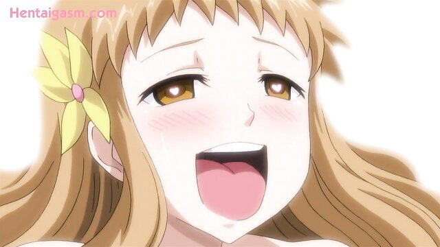 Blonde anime girl with yellow flower hairclip ahegao face in hentai