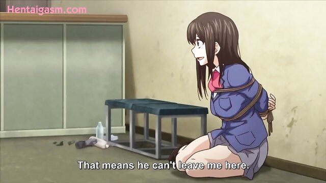 Bound Japanese schoolgirl in skirt tied up on floor, hentai style