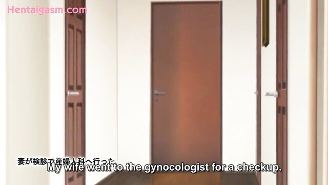 Hentai wife at gynecologist door for checkup, pregnant story anime