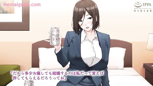 Japanese office lady in suit holds beer can, open blouse tease, hentai style