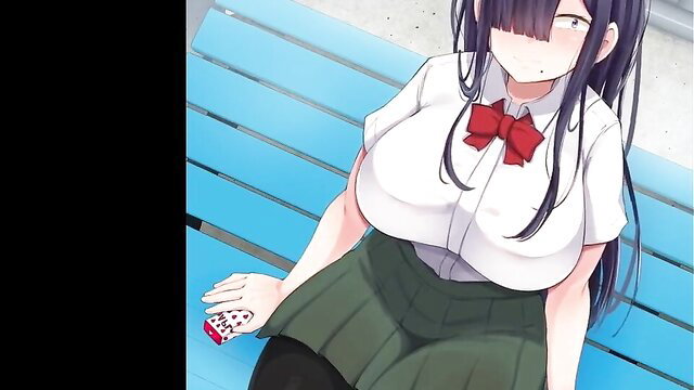 Chubby anime schoolgirl in uniform sitting on bench, massive tits spilling out