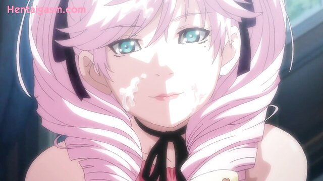 Midsummer Night pink-haired hentai girl with cum on face, bukkake tease