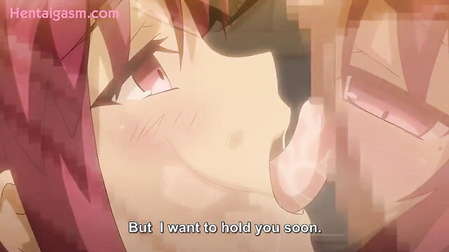 Kunoichi hentai girl with pink hair kisses passionately, yearning eyes