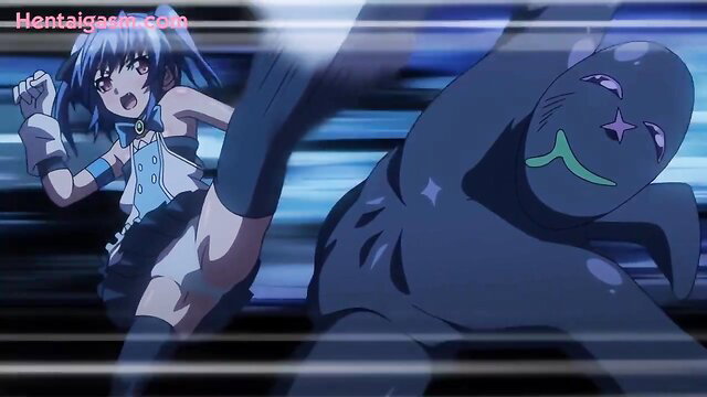 Blue-haired hentai girl in stockings kicks masked monster in Mahou Touki Lilustear