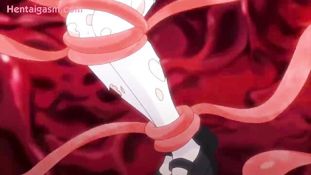 Hentai girl bound in red ropes, legs spread, pale skin exposed