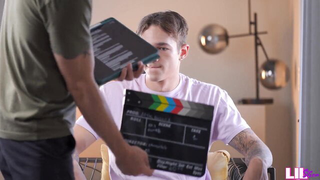 Pristine Edge with stepbro on adult video set, clapperboard scene