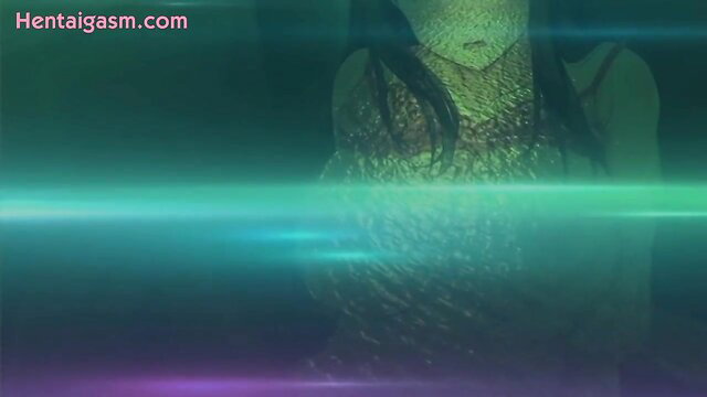 Hentai girl with green skin, massive tits, glossy lips in glowing neon lights