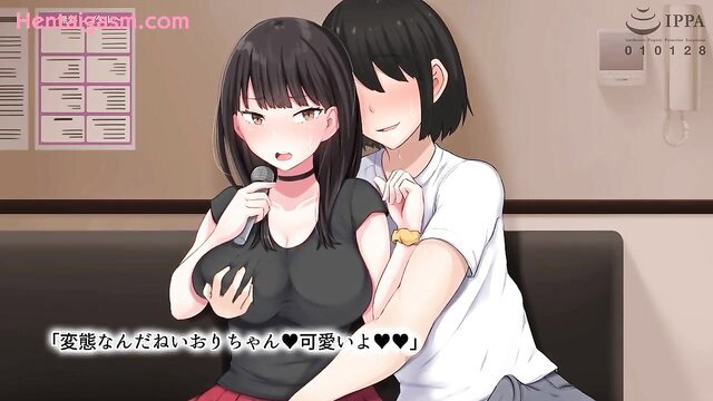 Hentai girl with huge tits groped by lover in tight top, flirty embrace