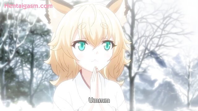 Blonde kitsune fox girl in white kimono prays cutely in snowy forest hentai