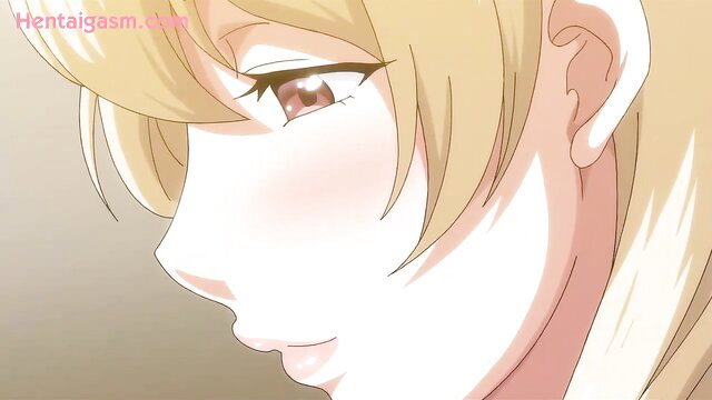 Closeup of cute blonde hentai girl's blushing face with brown eyes