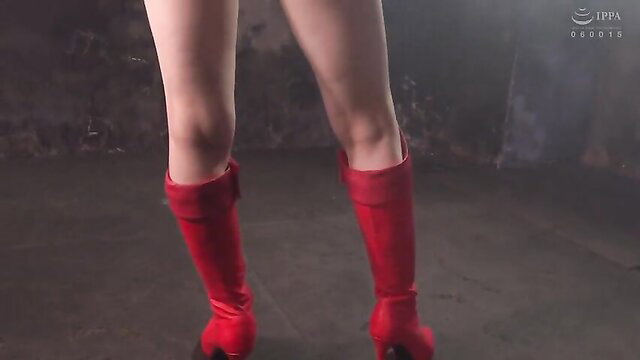 Slim Asian woman in red thigh-high boots, sexy ass view from behind