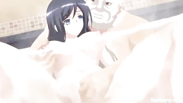 Hentai widow aunt Shiho with huge tits in steamy bath sex embrace
