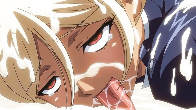 Blonde anime hentai girl with bukkake cum on face licks semen in Kuroinu