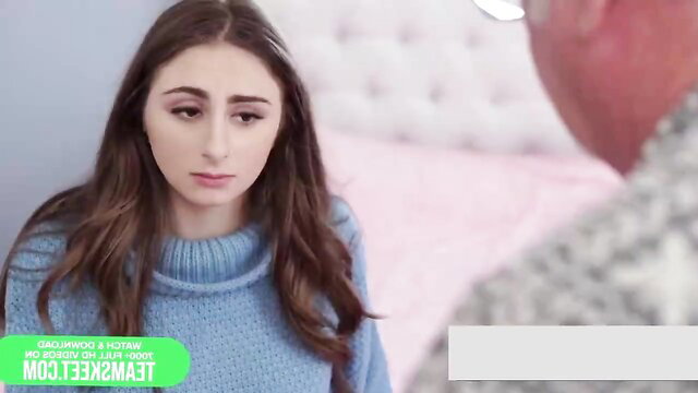 Penelope Kay in turtleneck looks sad on bed in taboo step grandpa scene