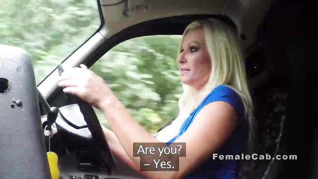 Blonde Fake Taxi driver woman asks 'Are you? - Yes?' in car