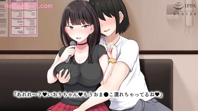 Flirtatious black-haired hentai girl with huge tits flirts intimately with guy