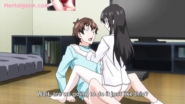 Uncensored hentai black-haired girl straddling boy in living room sex