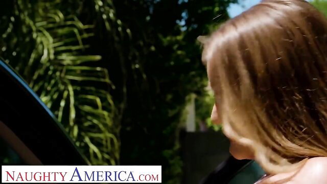 Bella Rose by car in sunny outdoor scene, hot skinny blonde