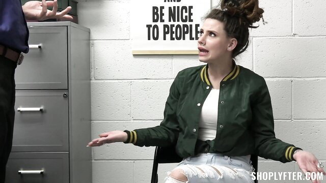 Indica Flower in green varsity jacket shoplifter interrogation scene