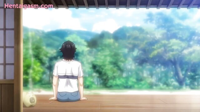 Anime hentai girl with huge ass in tight jeans sits on porch in Summer Inaka