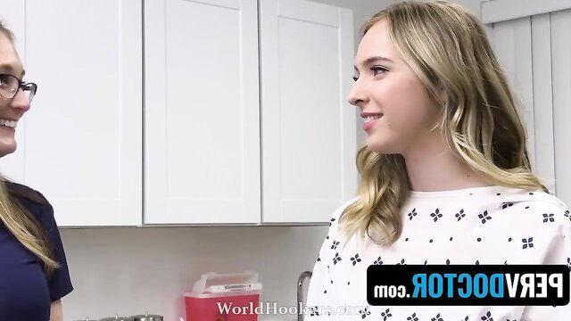 Blonde busty patient in doctor's office fertility exam