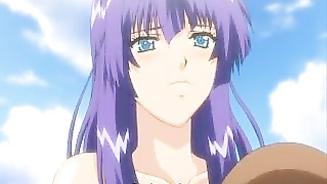 Purple-haired big titted hentai babe in bikini on sunny beach