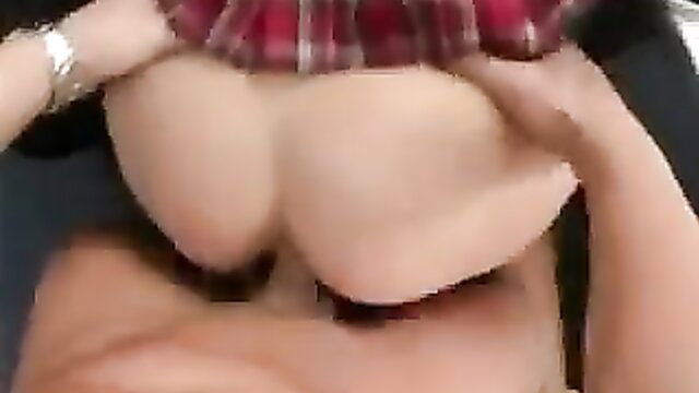 Blonde schoolgirl with huge tits moans in plaid skirt uniform